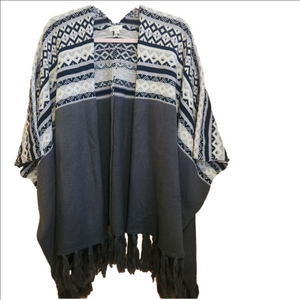 DEBUT CARDIGAN / PONCHO / OPEN FRONT SWEATER WITH FRINGE DETAIL - OS